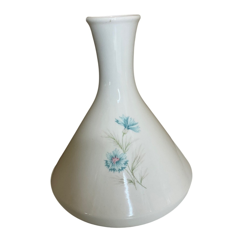 Vtg TS&T Wide Bottom Carafe Pitcher Vase Blue Floral Cornflower Cottagecore MCM